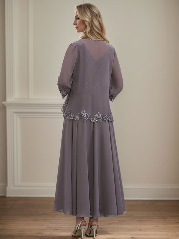 Vestido de corte A, escote en V, largo hasta el tobillo, de gasa, para la madre de la novia, con apliques de lentejuelas, encaje y pedrería.