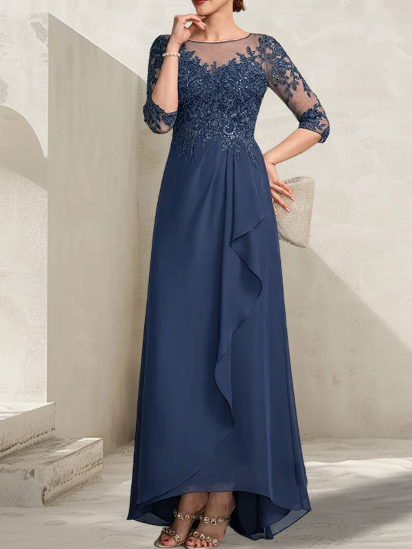 Vestido de madrina de la novia, corte asimétrico, escote ilusión, encaje y gasa, con lentejuelas y volantes en cascada.