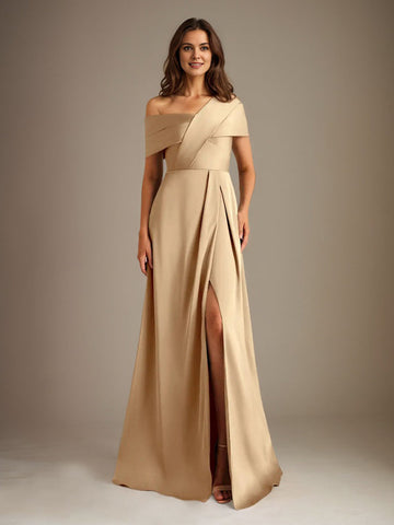 A-Line Asymmetrical Neckline Floor-Length Satin Mother of the Bride Dress With Pleated