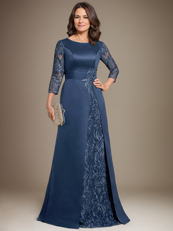 Robe de mère de la mariée en satin de dentelle, coupe trapèze, longue jusqu'au sol, ornée d'appliqués, avec décolleté plongeant et bretelles.