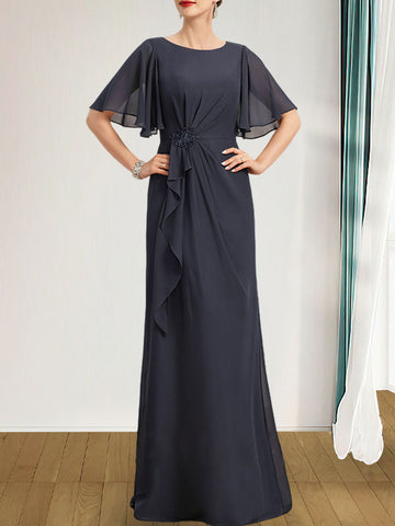 A-line Scoop Floor-Length Chiffon Mother of the Bride Dress With Cascading Ruffles Beading Sequins