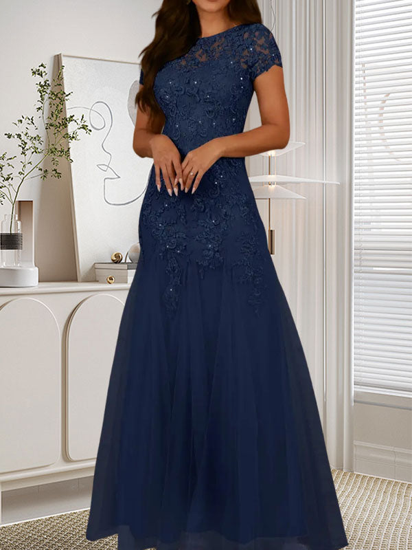 Robe sirène bleu marine foncé à sequins et tulle, décolleté rond, robe en tulle bleu marine foncé