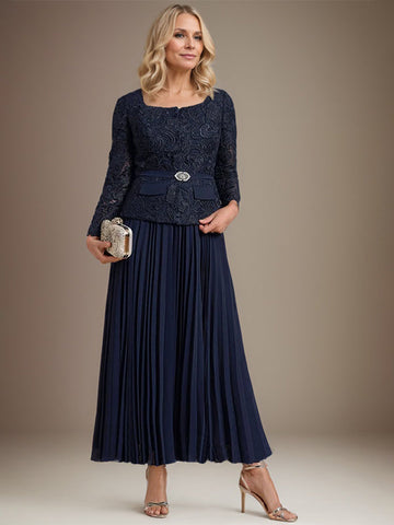 Vestido de gasa corte A, largo hasta el tobillo, para la madre de la novia, con pliegues. 