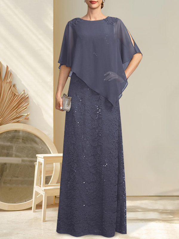 Vestido de novia de corte recto/columna, largo hasta el suelo, de gasa con encaje y lentejuelas, con escote redondo y pedrería.