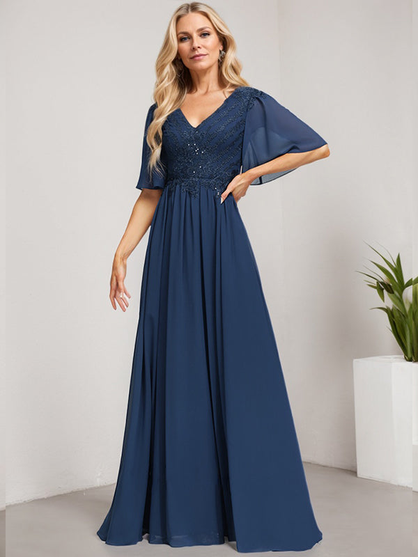 Vestido de novia de corte A, escote en V, largo hasta el suelo, de gasa de encaje con lentejuelas para la madre de la novia 