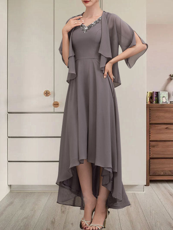 Vestido de corte A, escote en V, asimétrico, de gasa, para la madre de la novia, con lentejuelas y pedrería.