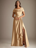 Robe de mariée trapèze en satin stretch, longue jusqu'au sol, avec décolleté rond et volants cascade, idéale pour la mère de la mariée. 