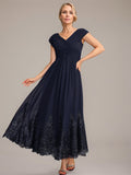 Vestido de gasa de corte evasé, escote en V, largo hasta el tobillo, para la madre de la novia, con apliques de lentejuelas. 