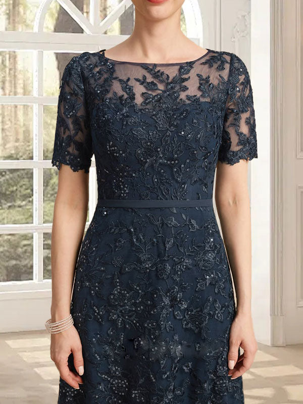 Robe de mère de la mariée en dentelle à sequins, coupe trapèze, décolleté illusion, longueur thé
