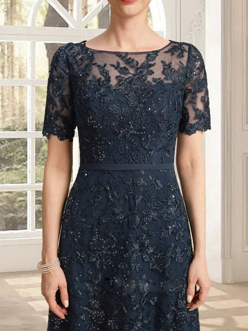 A-line Scoop Illusion Tea-Length Lace Mother of the Bride Dress With Sequins