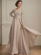 Robe de mère de la mariée en mousseline de dentelle, coupe trapèze, col en V, longueur au sol, ornée de sequins 