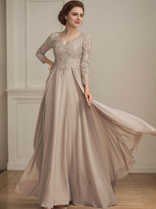 Vestido de novia de corte A, escote en V, largo hasta el suelo, de gasa de encaje con lentejuelas para la madre de la novia 