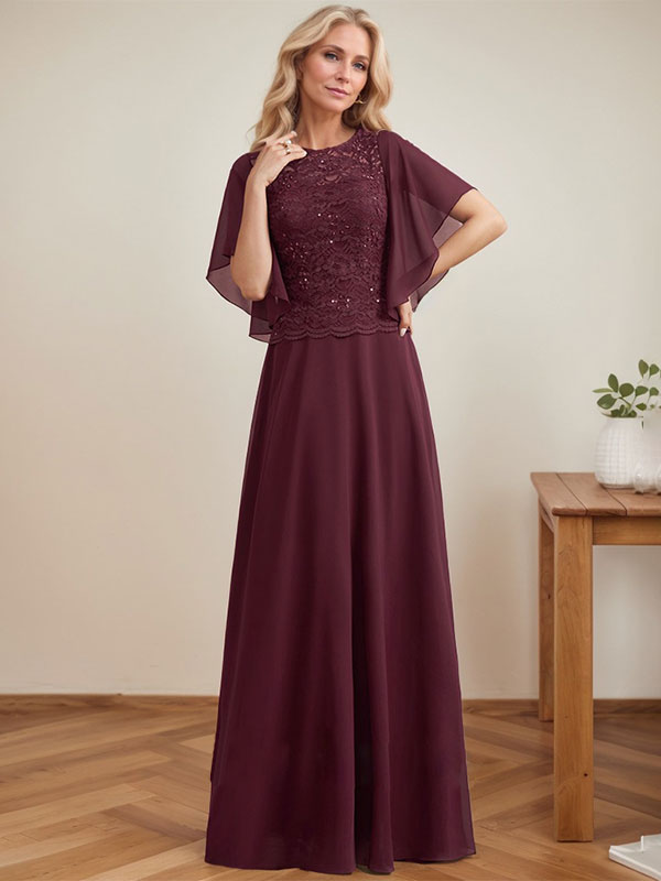 Vestido de novia de corte A, escote redondo, ilusión, largo hasta el suelo, de encaje y gasa con lentejuelas. 