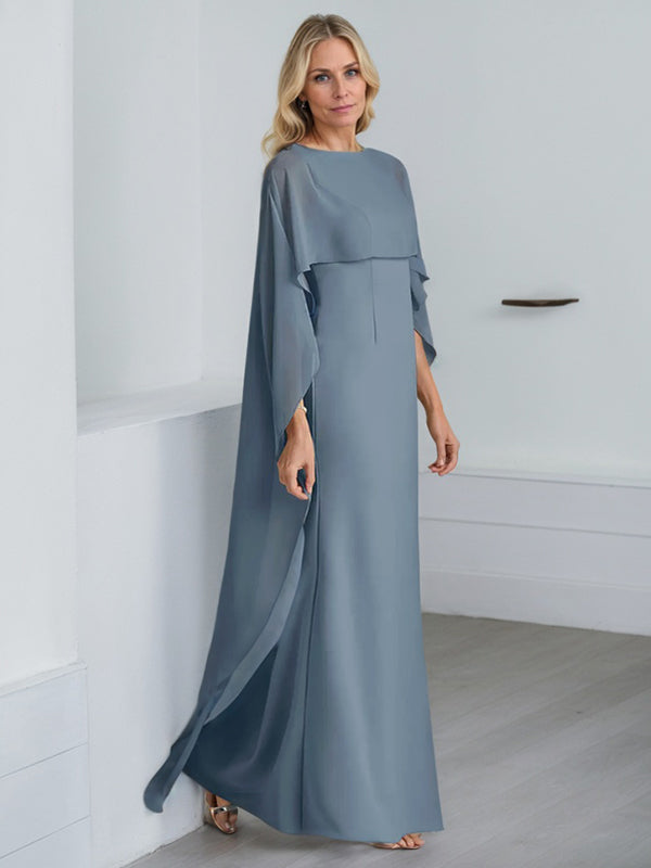 Robe fourreau longue en mousseline de soie pour la mère de la mariée, ornée de volants cascade, avec décolleté arrondi. 