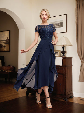 A-line Scoop Illusion Asymmetrical Chiffon Lace Mother of the Bride Dress With Bow Ruffle Sequins
