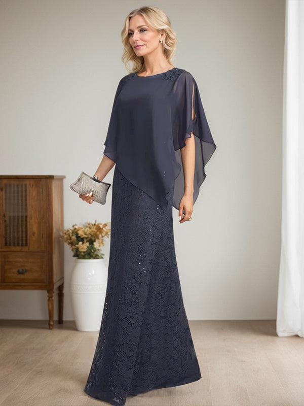 Vestido de novia de corte recto/columna, largo hasta el suelo, de gasa con encaje y lentejuelas, con escote redondo y pedrería.