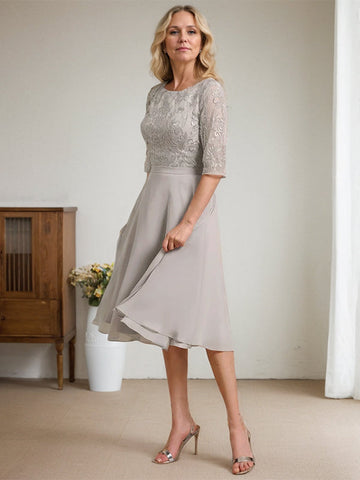 A-line Scoop Knee-Length Lace Chiffon Mother of the Bride Dress