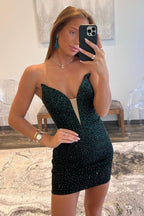 Robe de bal courte noire élégante à décolleté cœur et perles