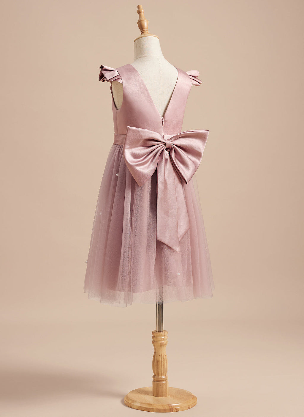 Vestido rosa empolvado de corte A y tul satinado hasta la rodilla (2003227179) 