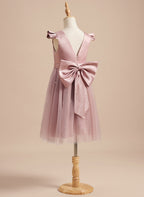 Vestido rosa empolvado de corte A y tul satinado hasta la rodilla (2003227179) 