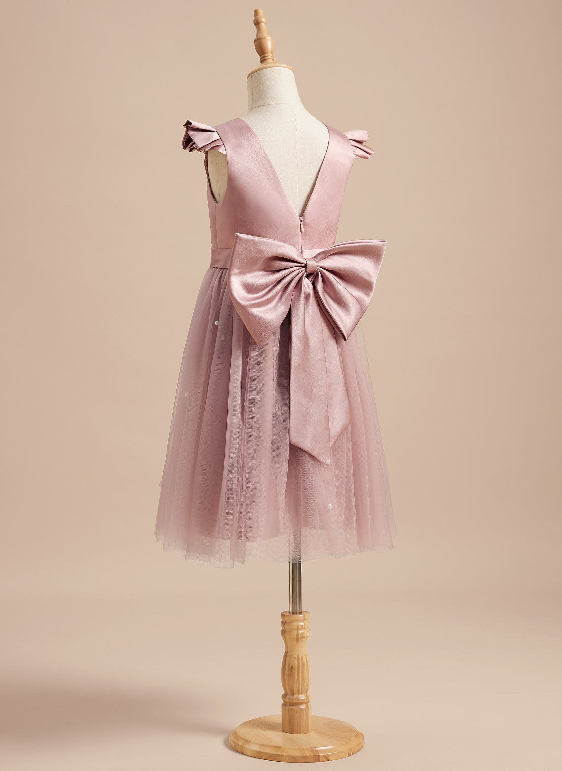 Vestido rosa empolvado de corte A y tul satinado hasta la rodilla (2003227179) 
