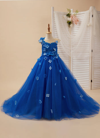 Vestido de princesa para niña de las flores con apliques y lazo azul real 