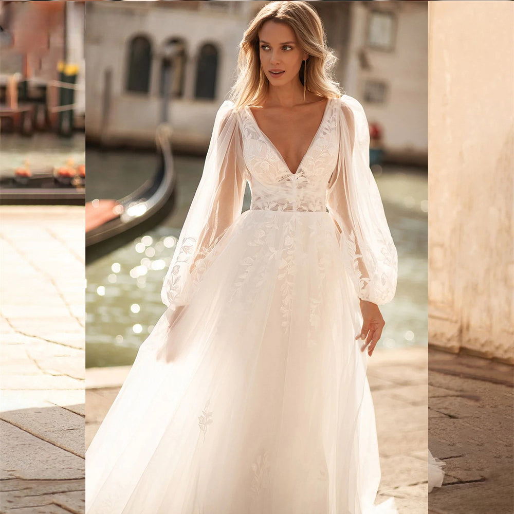 Vestidos de novia sexys con escote en V, encaje, sencillos, con mangas largas abullonadas, apliques, espalda descubierta, estilo vestido de novia a medida (2024). 