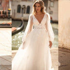 Vestidos de novia sexys con escote en V, encaje, sencillos, con mangas largas abullonadas, apliques, espalda descubierta, estilo vestido de novia a medida (2024). 