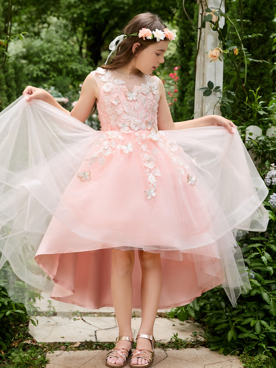 Vestido de princesa asimétrico de tul rosa para niña de las flores 