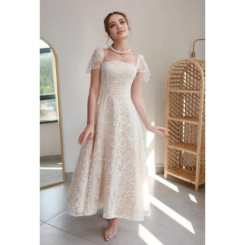 Robe de soirée trapèze en tulle imprimé, col carré, manches courtes, longueur thé