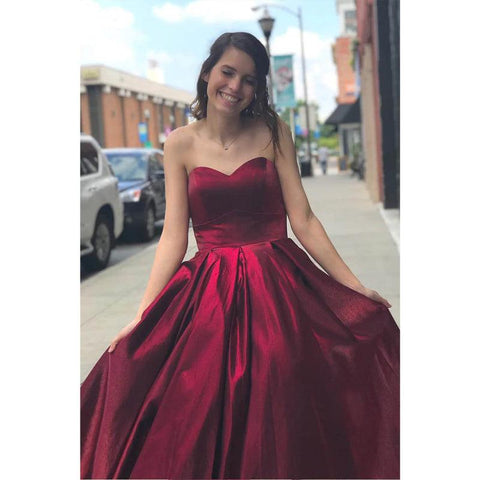 Sweetheart Burgundy Satin A-line Simple Prom Dress with Pockets