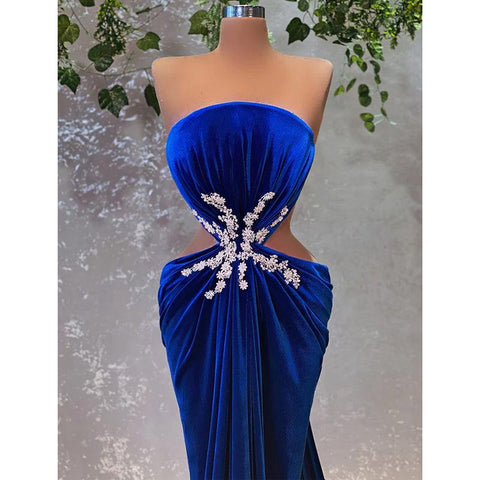 Velvet Beaded Strapless Royal Blue Long Prom Dress with Slit Evening Gowns