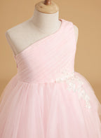 Vestido de niña de las flores estilo princesa, corte A, color rubor encantado | Vestido de tul de un solo hombro con cola 
