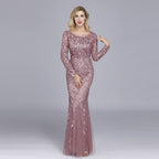 Spring Multi-Color Long Sleeve round Neck Fishtail Banquet Evening Dress for Women