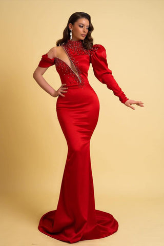Robe de soirée sirène rouge chic à manches longues et col montant orné de perles