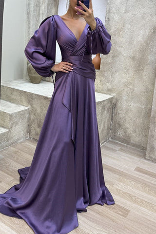 Vestidos de noche elegantes, formales, lisos, con escote en V y pliegue (3 colores)