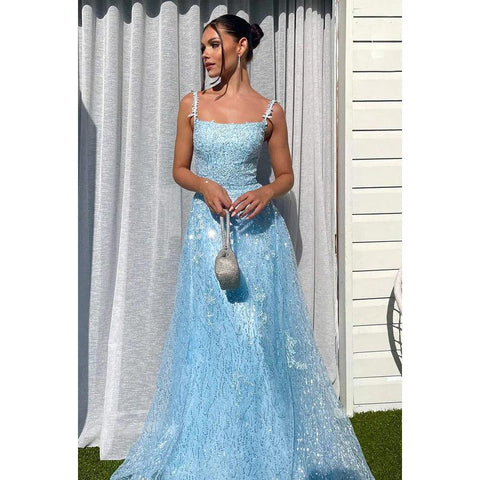 Robe de bal longue trapèze en tulle et dentelle à bretelles spaghetti