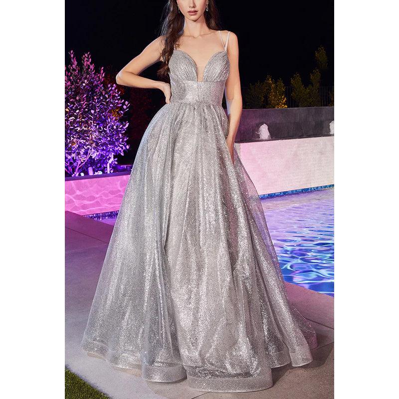 Vestido de noche largo de tul fruncido transparente con escote en A y escote en forma de corazón brillante