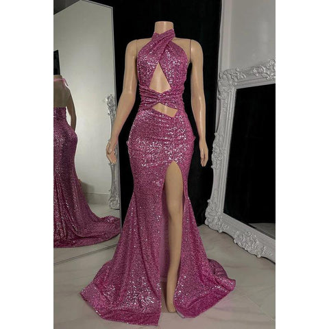 Vestido de noche de fiesta con escote halter, sin mangas, con abertura y lentejuelas, estilo trompeta/sirena