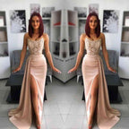 Vestido de fiesta largo de sirena con escote corazón, apliques de encaje y abertura