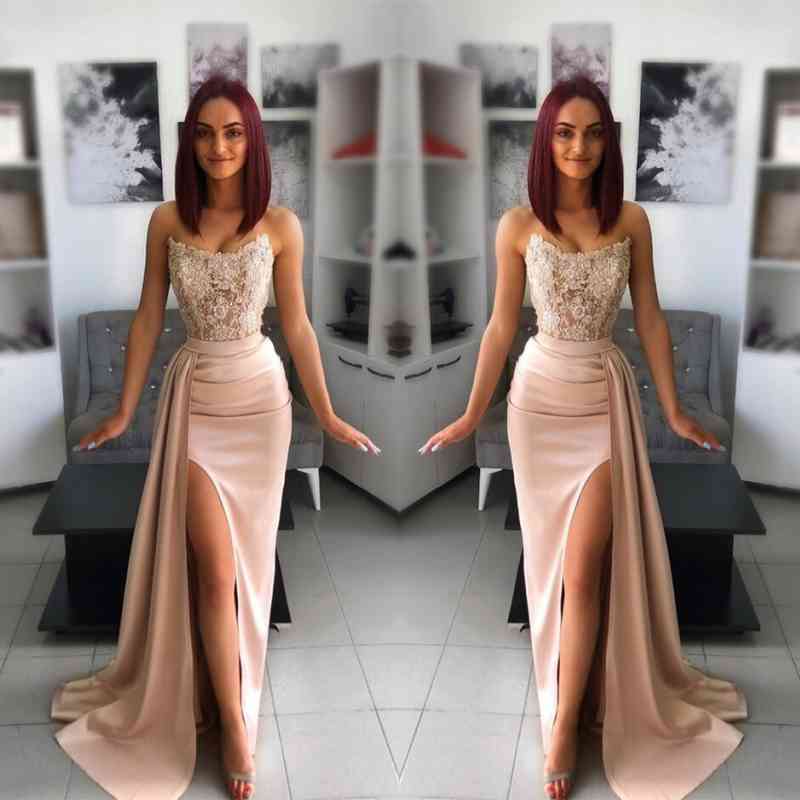 Vestido de fiesta largo de sirena con escote corazón, apliques de encaje y abertura