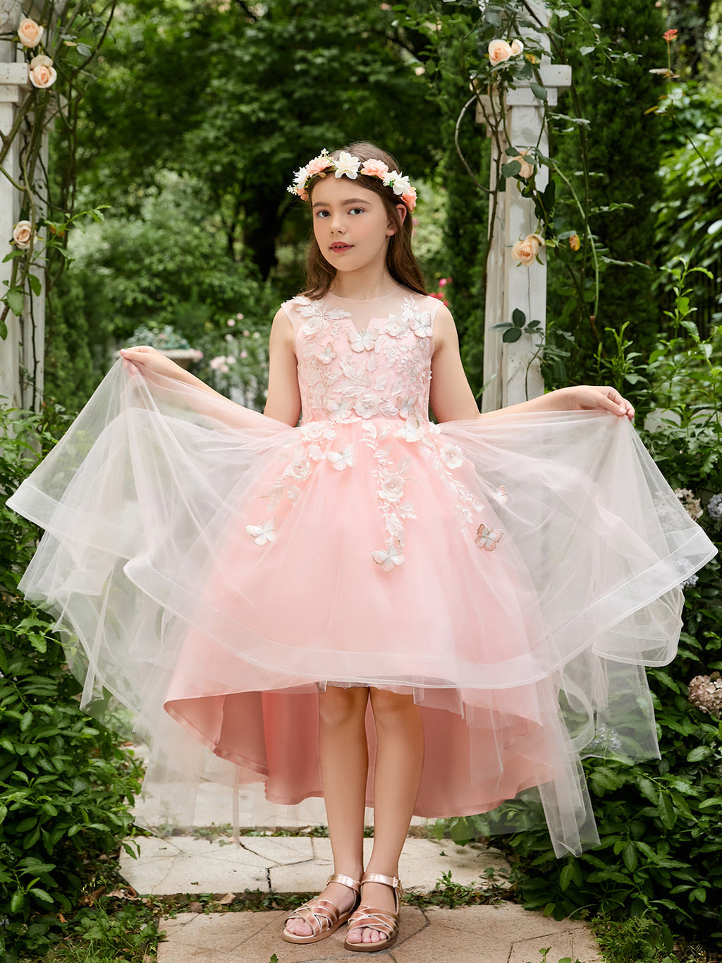 Vestido de princesa asimétrico de tul rosa para niña de las flores 