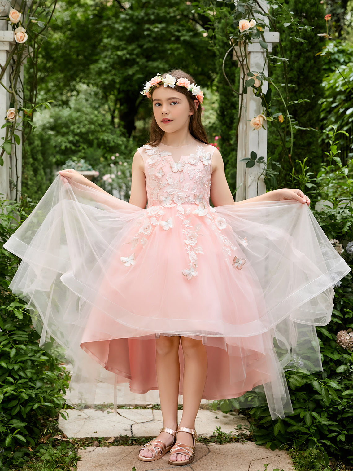 Vestido de princesa asimétrico de tul rosa para niña de las flores 