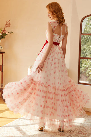 Vestido largo de fiesta corte princesa, línea A, escote corazón y lazo