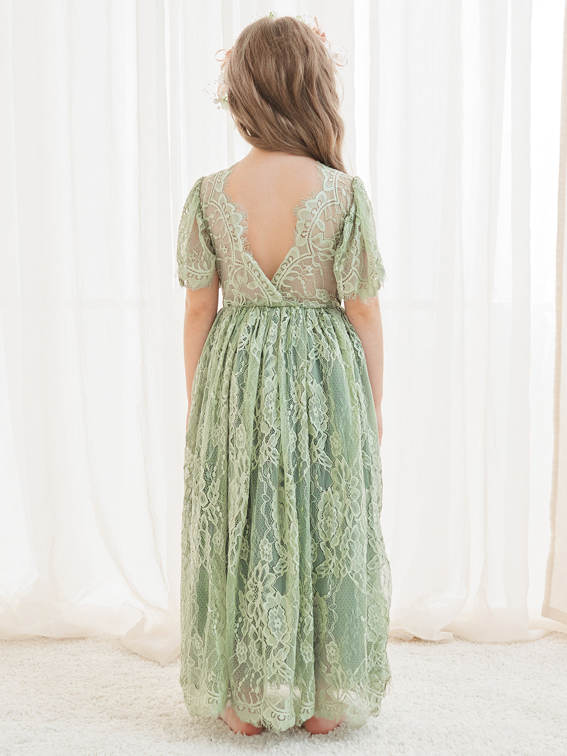 Vestido verde de tul y encaje de corte A hasta el tobillo (2003227593) 