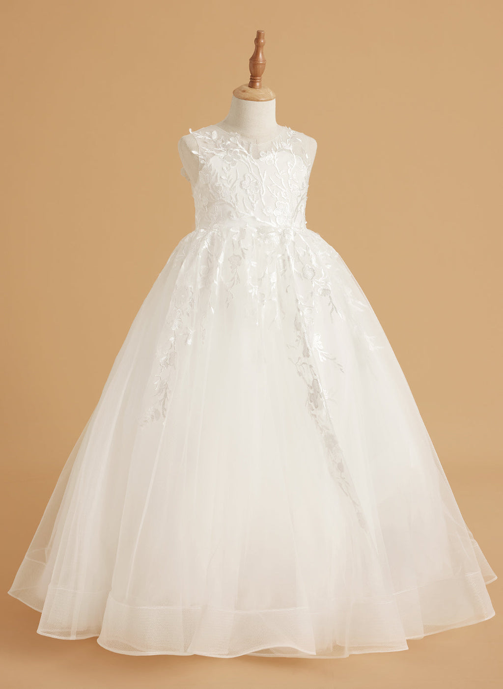 Vestido de niña de las flores de encaje y tul color marfil con diseño hasta el suelo y elegante lazo (2003227417) 