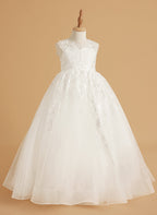 Vestido de niña de las flores de encaje y tul color marfil con diseño hasta el suelo y elegante lazo (2003227417) 