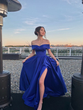 Precioso vestido de fiesta azul real, de satén, corte en A, con hombros descubiertos, modelo Y7643