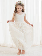 Vestido boho de niña de las flores color marfil, corte en A, de encaje y largo hasta el tobillo 