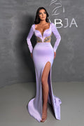 Lilac Long Sleeves Mermaid Evening Dress Sweetheart With Slit